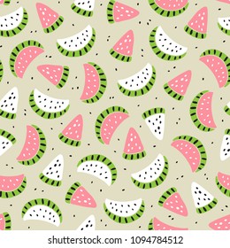 Fruit Background With Watermelons. Abstract Seamless Pattern With Watermelon Slices. Colorful Tropical Fruits Wallpaper. Healthy Summer Food Background