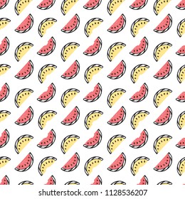 Fruit Background with Watermelons. Abstract Seamless Pattern with Watermelon Slices. Colorful Tropical Fruits Wallpaper. Healthy Summer Food Background
