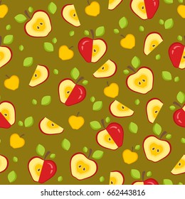 Fruit background with whole, chopped, slices of apples, green leaves. Seamless pattern for print. Vector illustration