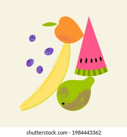 Fruit balance composition. Cute textured fruits: pear, watermelon, peach, melon, blueberry. Healthy food concept with flat hand drawn illustration. Summer juice print for tote bag, poster or t-shirt.