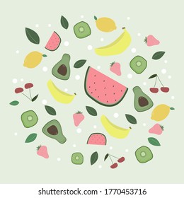 fruit banana kiwi lemon vishka watermelon avocado strawberry berry leaf nature plants freehand vector background art illustration summer organic 