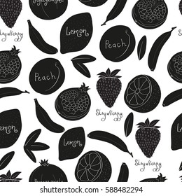 Fruit. Banana, lemon, pomegranate, strawberry, peach, apricot. Background, wallpaper, seamless. Silhouette. Black color.