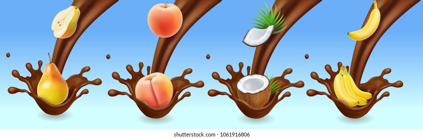 Fruit banana peach, pear and coconut in chocolate splash icon set