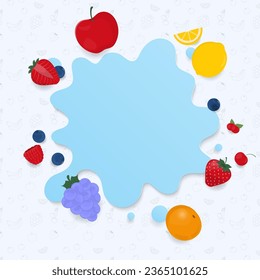 Fruit banner concept. Water splash with strawberry, cherry, grape, blueberry,  apple, orange, and lemon on a fruit pattern background.
