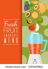 Fruit banner for fresh product or fruit farm market. Organic and natural food vector illustration. Banana, watermelon or melon, plum, orange, grapes, kiwi, mango, apple.