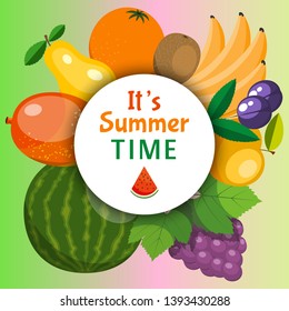 Fruit banner for fresh product or fruit farm market. Organic and natural food vector illustration. Banana, watermelon or melon, plum, orange, grapes, kiwi, mango, apple. Summer time.