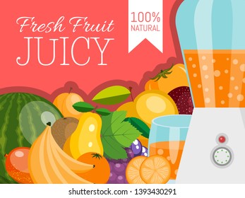 Fruit banner for fresh product or fruit farm market. Organic and natural food vector illustration. Banana, watermelon or melon, plum, orange, grapes, mango, apple in blender.