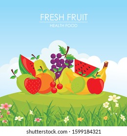 Fruit Banner with grass, cloud and natural background. simple, trendy and stylish for organic flyer, cover etc.