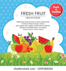 Fruit Banner with grass, cloud and natural background. simple, trendy and stylish for organic flyer, cover etc.