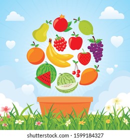 Fruit Banner with grass, cloud and natural background. simple, trendy and stylish for organic flyer, cover etc.
