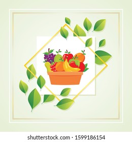 Fruit Banner with leaf and trees background and Border or frame, Fresh and Healthy food concept