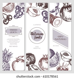Fruit Banners - vector modern hand drawn design illustration with copyspace for Your Logo. Grapes, cherries, pineapple, strawberry, coconuts, apple.