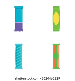 Fruit bar icons set cartoon vector. Fruity bar in bright packaging. Fitness snack, healthy food