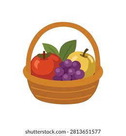 Fruit Basket with Apple, Pear, and Grapes Illustration. Harvest Fruit Basket. Healthy Fruit Basket. Fresh Fruit Basket.