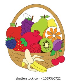 Fruit basket cartoon. Outlined illustration with thin line black stroke