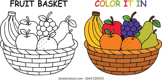Fruit basket coloring page with bananas apples grapes pears and an orange in a woven basket design