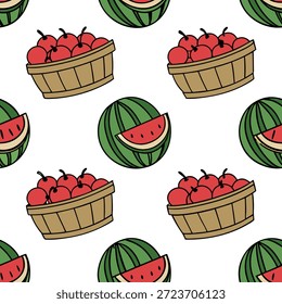Concepto de canasta de frutas como diseño de un fondo sin fisuras con cestas de frutas de estilo de dibujos animados llenas de granadas y sandías que representan la abundancia durante la noche de Yalda. en Foto Stock Concepto, espacio de copia para publicidad o Anuncio con foto realista como detalle de alta calidad --ar 7:2 --tile