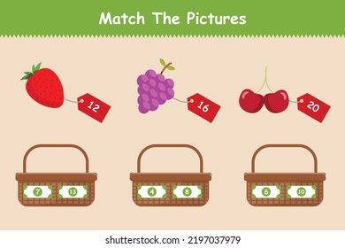Fruit basket counting game for children. Kids puzzle concept. Flat vector illustration isolated.