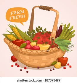 Fruit Basket. Farm fresh. Retro style vector illustration. 