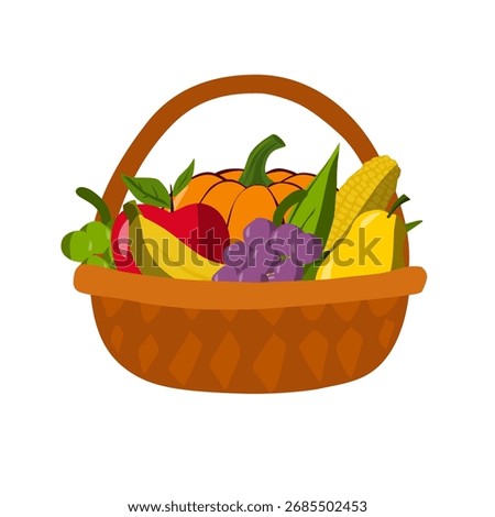 Fruit basket in flat vector style for Thanksgiving harvest celebration, perfect for holiday decorations, seasonal greeting cards, and digital design projects.
