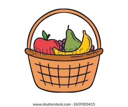 fruit basket icon doodle hand drawn. Cartoon colorful fruit basket line drawing clipart symbol. Vector illustration