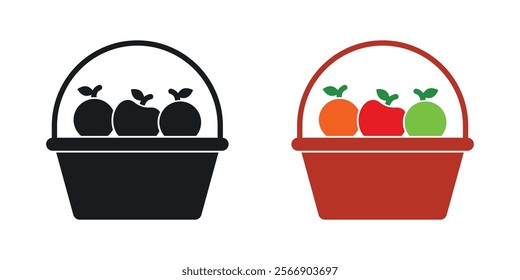 Fruit basket icon set in black and colored