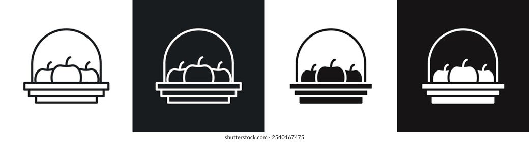 Fruit basket icon set. Vector symbols in black and white colors.