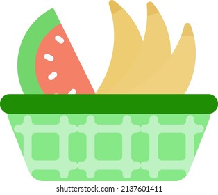 Icono de la canasta de frutas. Logo del mercado de productos de vectores. Ordenación y entrega de la sandía y la banana aislados en fondo blanco