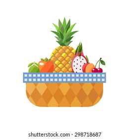 Fruit basket isolated (lime, persimmon, pineapple, dragon fruit, peach and cherry). Vector illustration. Modern flat design.