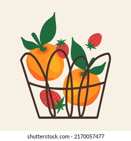Fruit basket isolated on white background. Flat design, hand drawn, cartoon, vector graphics.