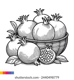 Fruit Basket line art illustration for the coloring book. Fruits coloring page. Vector graphics