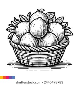 Fruit Basket line art illustration for the coloring book. Fruits coloring page. Vector graphics