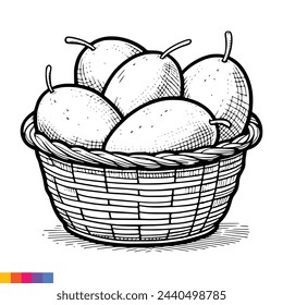 Ilustración de arte de línea de cesta de frutas para el libro de colorear. Página para colorear frutas. Gráficos vectoriales