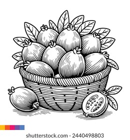 Fruit Basket line art illustration for the coloring book. Fruits coloring page. Vector graphics