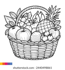 Ilustración de arte de línea de cesta de frutas para el libro de colorear. Página para colorear frutas. Gráficos vectoriales