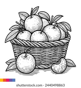 Ilustración de arte de línea de cesta de frutas para el libro de colorear. Página para colorear frutas. Gráficos vectoriales