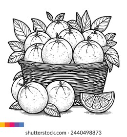 Fruit Basket line art illustration for the coloring book. Fruits coloring page. Vector graphics