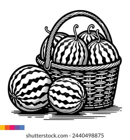 Fruit Basket line art illustration for the coloring book. Fruits coloring page. Vector graphics