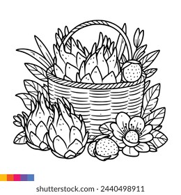 Fruit Basket line art illustration for the coloring book. Fruits coloring page. Vector graphics