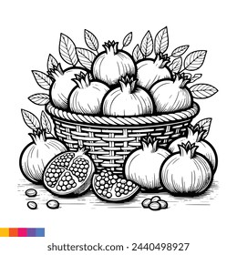 Fruit Basket line art illustration for the coloring book. Fruits coloring page. Vector graphics