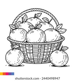 Fruit Basket line art illustration for the coloring book. Fruits coloring page. Vector graphics