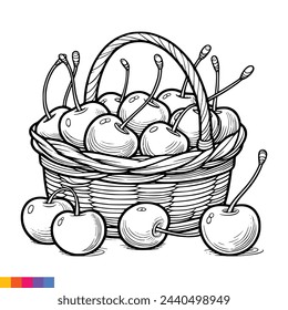 Fruit Basket line art illustration for the coloring book. Fruits coloring page. Vector graphics