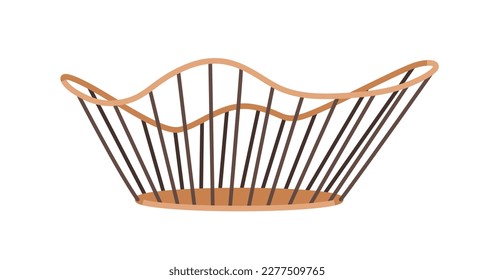 Fruit basket made of metal and wood. Wooden and wired empty container for storage in modern trendy style, uneven irregular rim, rounded shape. Flat vector illustration isolated on white background