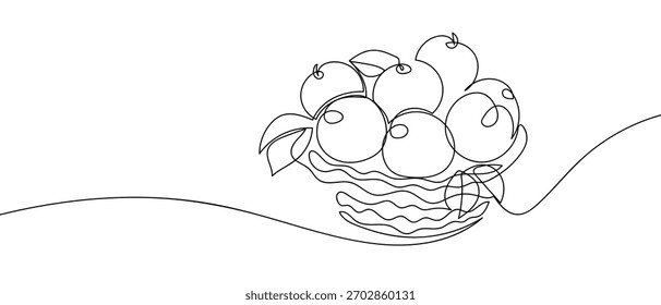 Fruit in a basket, one continuous line Minimalist simple linear style. Vector outline illustration.