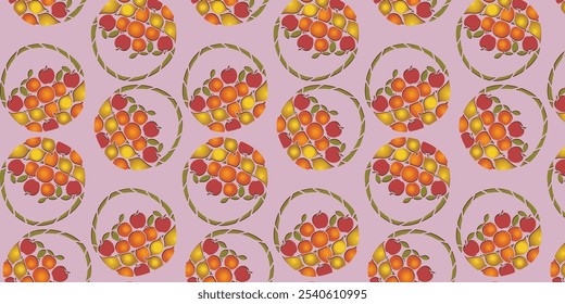 Fruit basket pattern.  Vibrant apples and oranges in woven baskets.  Seamless vector design for textiles and backgrounds.  Add a fresh touch with this graphic.