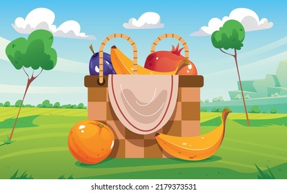 Fruit basket standing on landscape forest meadow. Picnic concept. Vector flat graphic design illustration