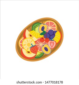 Fruit basket top view flat vector illustration. Bow with half cut apple, cherry, orange. Farming and gardening harvest. Fresh ripe fruits in bowl. Keeping of products isolated clipart