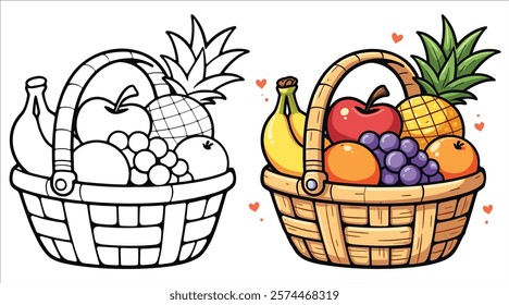 Fruit Basket and Various Fruits Line Art Vector Illustration Black and White with Coloring Sample. Bold and Easy Food, Fruits, Sweets, Drinks, Dessert, and Snacks Coloring Pages for Adults and Kids