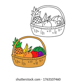 Fruit basket vector in doodle style with colorful and black design isolated on white 