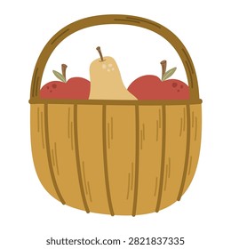 Fruit basket vector illustration with apples and pear in cozy minimalist doodle style. Hand-drawn wooden hamper icon for autumn harvest menu design, print, packaging, stickers and farm stationery.